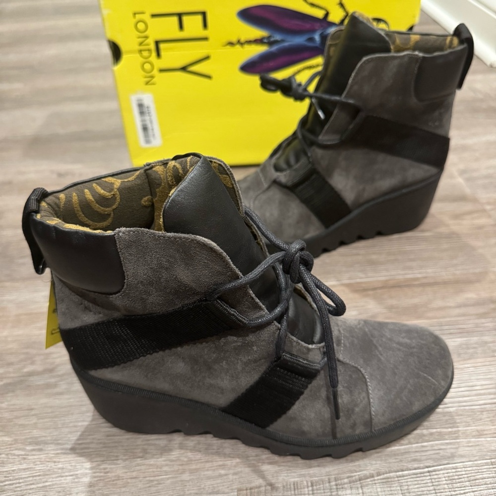 Fly London Blom Wedge Lace Up Suede Leather Bootie Boots